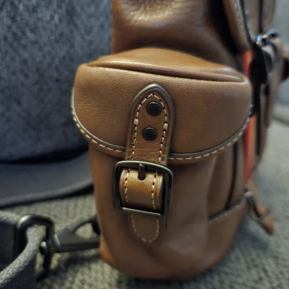 Coach Brown Leather Messenger Bag with Yellow Top and Red-Orange Stripe - Picture 3 of 8